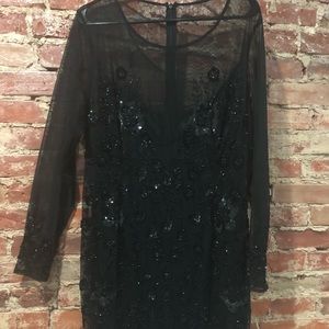 Beaded, Sequin Black Dress w/ Sheer Sleeves